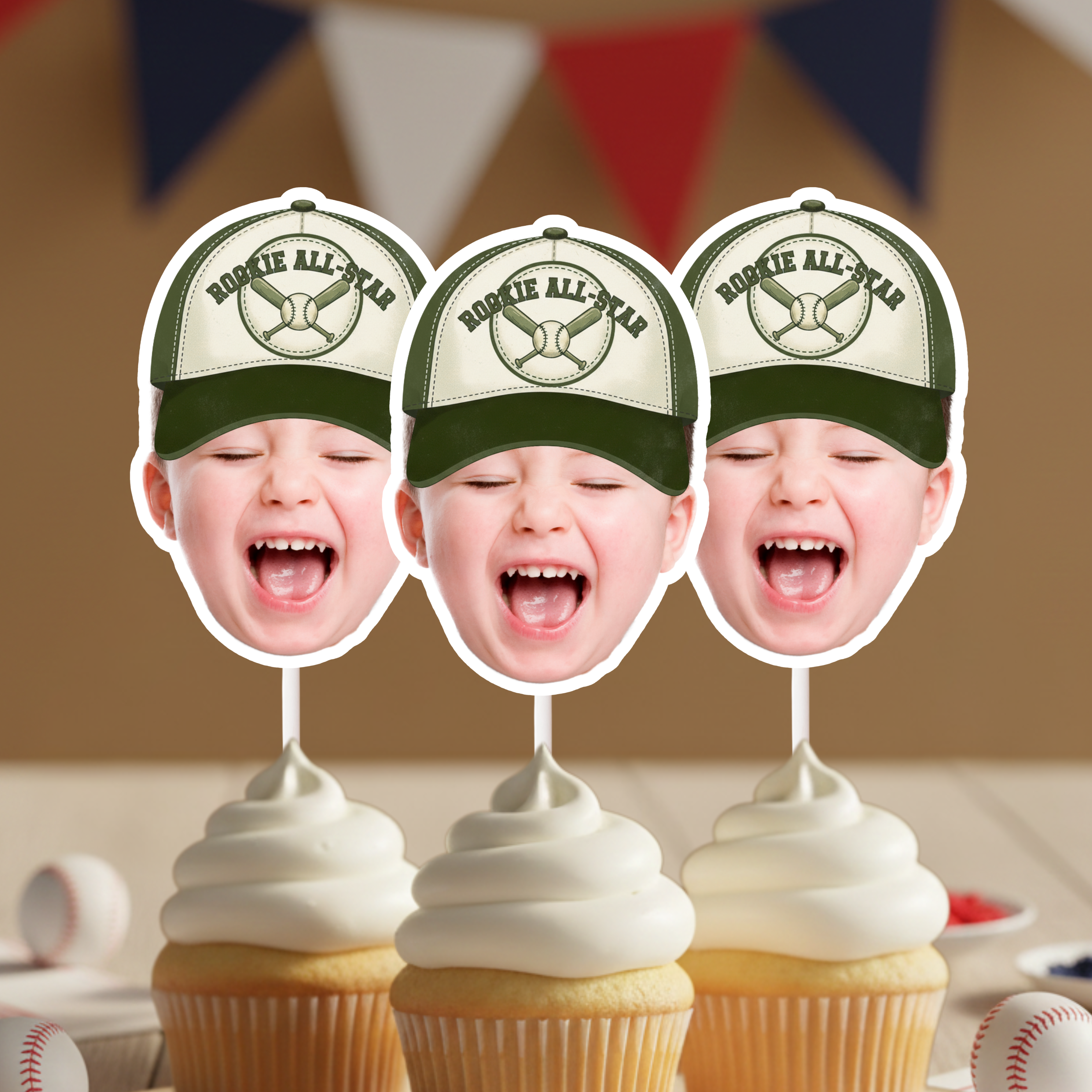 Custom Photo Baseball Rookie All American Cupcake Toppers in vintage hunter green colorway styled on cupcakes for little slugger birthday party and sports themed dessert decorations.