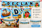 Custom pirate birthday banner showing raised layered letters, pirate ship artwork, laminated cardstock and personalized age design.