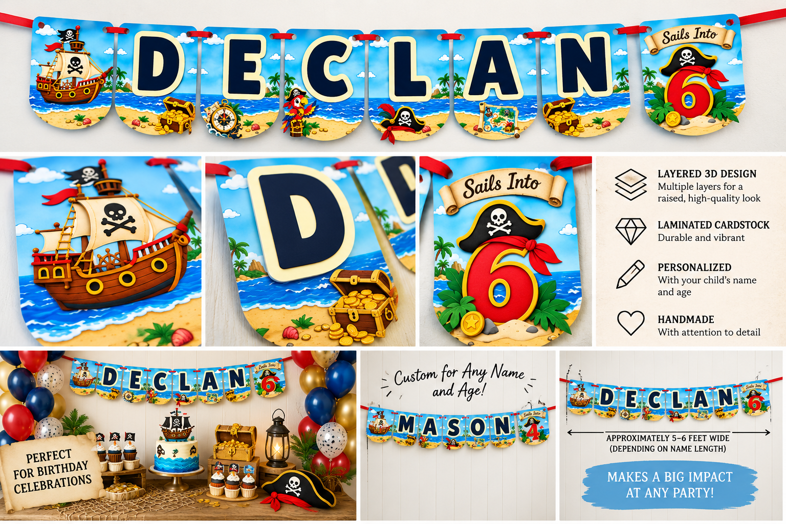 Custom pirate birthday banner showing raised layered letters, pirate ship artwork, laminated cardstock and personalized age design.