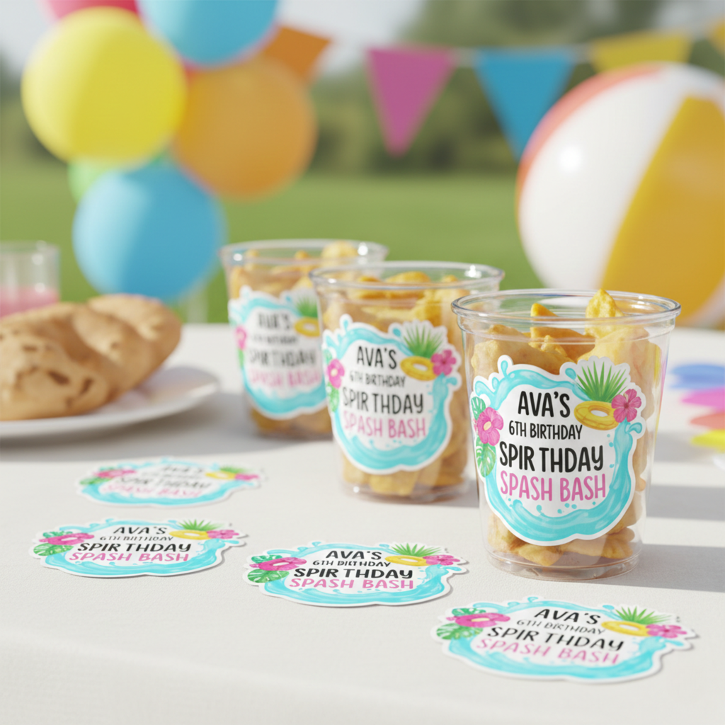 Glossy custom pool party birthday stickers personalized with name and age displayed on clear plastic cups filled with snacks. This splash bash themed design features bright aqua water graphics and tropical accents, perfect for summer birthday party favors. These die cut party stickers are ideal for labeling cups, treat containers, and dessert table decorations.