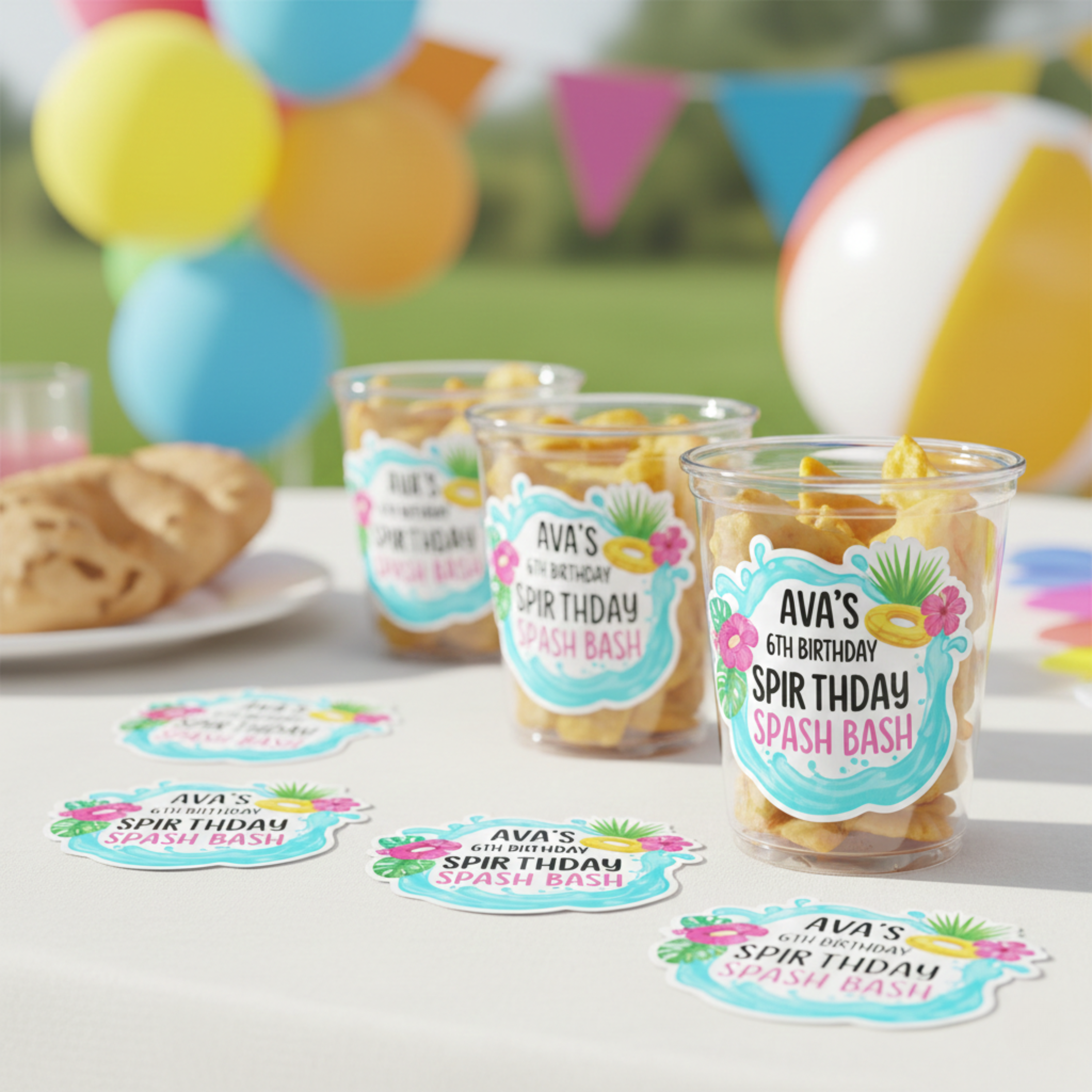 Glossy custom pool party birthday stickers personalized with name and age displayed on clear plastic cups filled with snacks. This splash bash themed design features bright aqua water graphics and tropical accents, perfect for summer birthday party favors. These die cut party stickers are ideal for labeling cups, treat containers, and dessert table decorations.