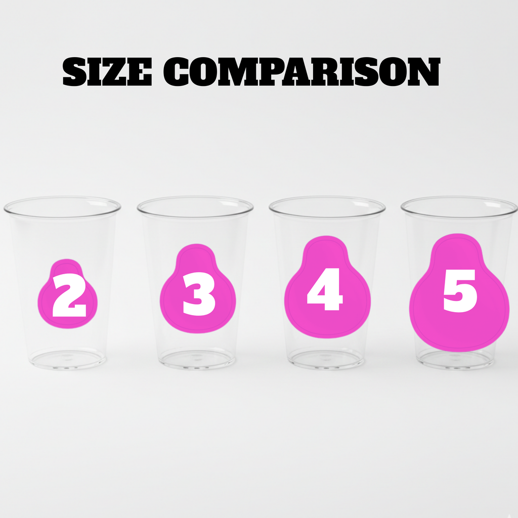 Sticker size comparison chart showing 2 inch, 3 inch, 4 inch, and 5 inch glossy die cut stickers displayed on clear plastic cups for scale. This visual guide helps customers choose the right custom sticker size for birthday party favors, cup labels, favor bags, gift boxes, and event packaging. Perfect reference image for personalized party stickers and custom event labels.