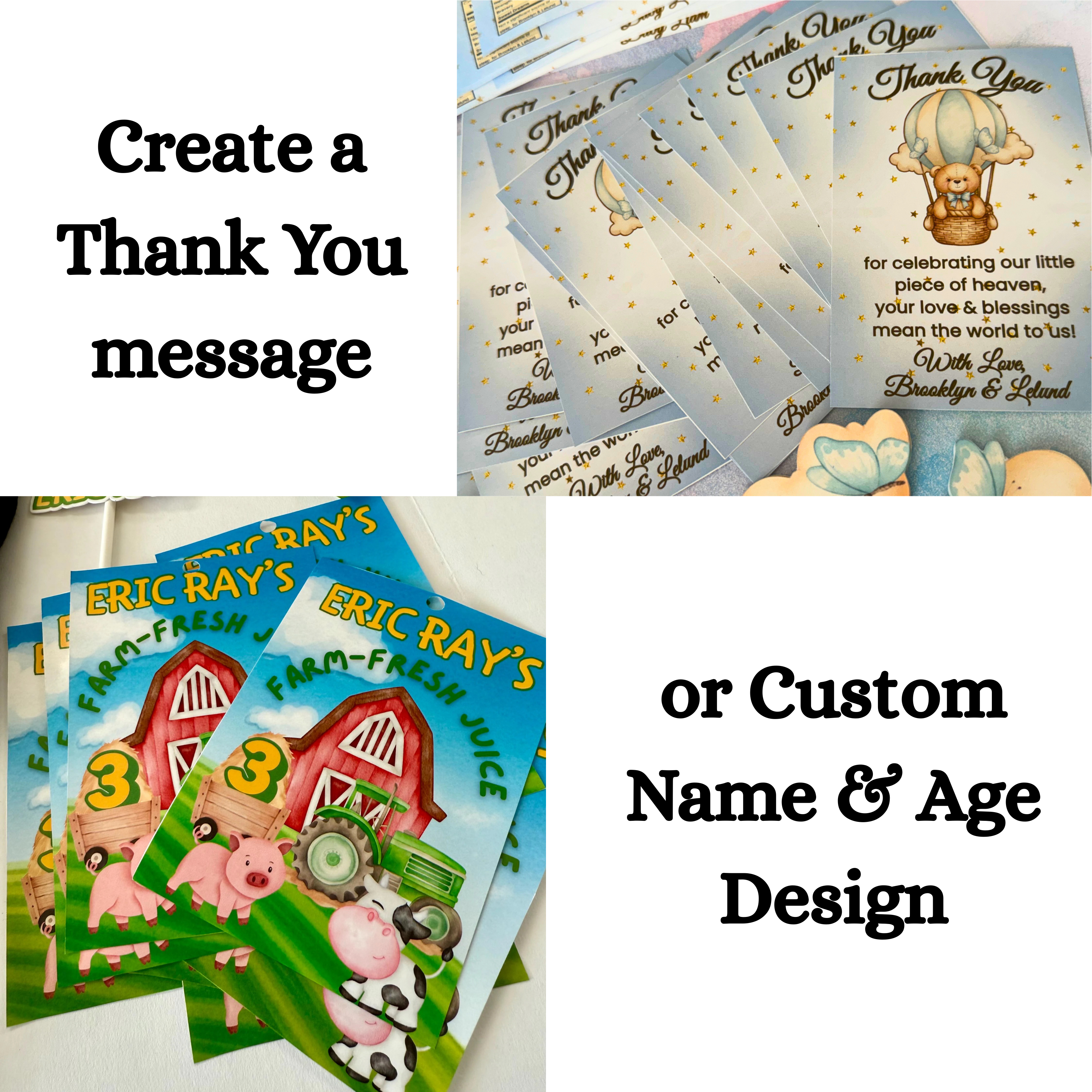 Custom name and age Capri Sun juice pouch labels for birthday parties, personalized drink wraps with themed designs for kids party favors and celebration tables. The text reads, Create a Thank You message or Custom name and age design. 