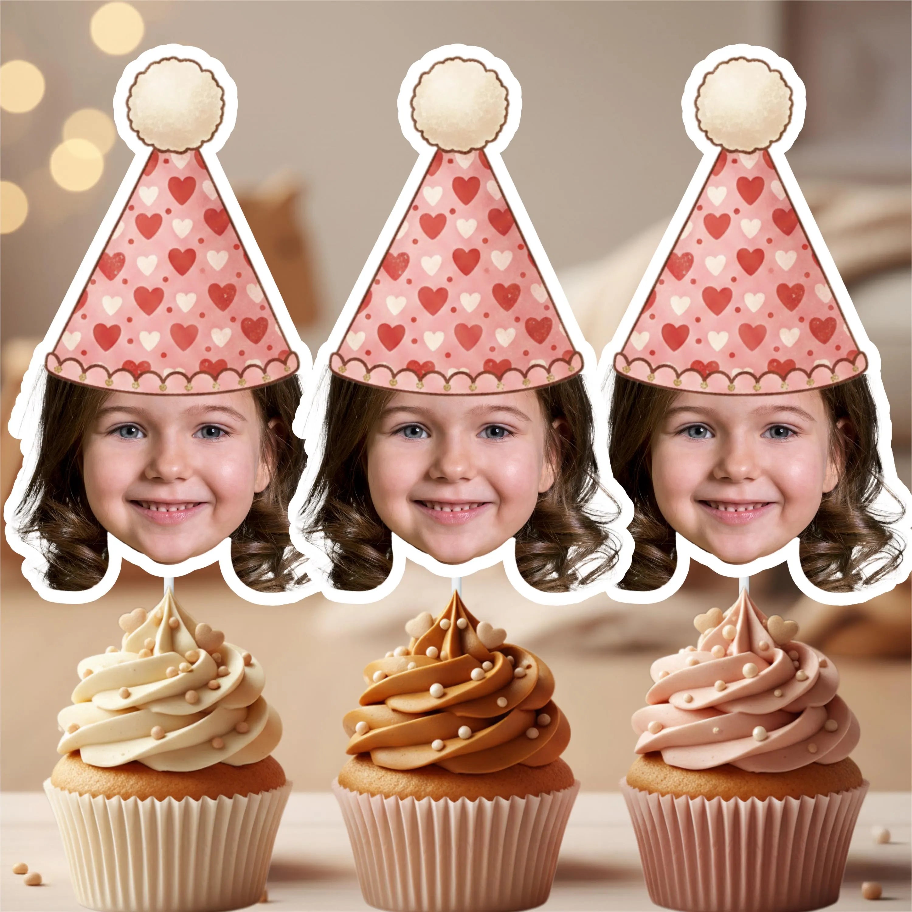 Custom photo cupcake topper featuring a festive heart patterned party hat displayed against a soft blurred living room background. Love inspired birthday dessert table decoration ideal for Sweet One celebrations, berry themed parties, engagement events, and Valentine inspired birthdays.