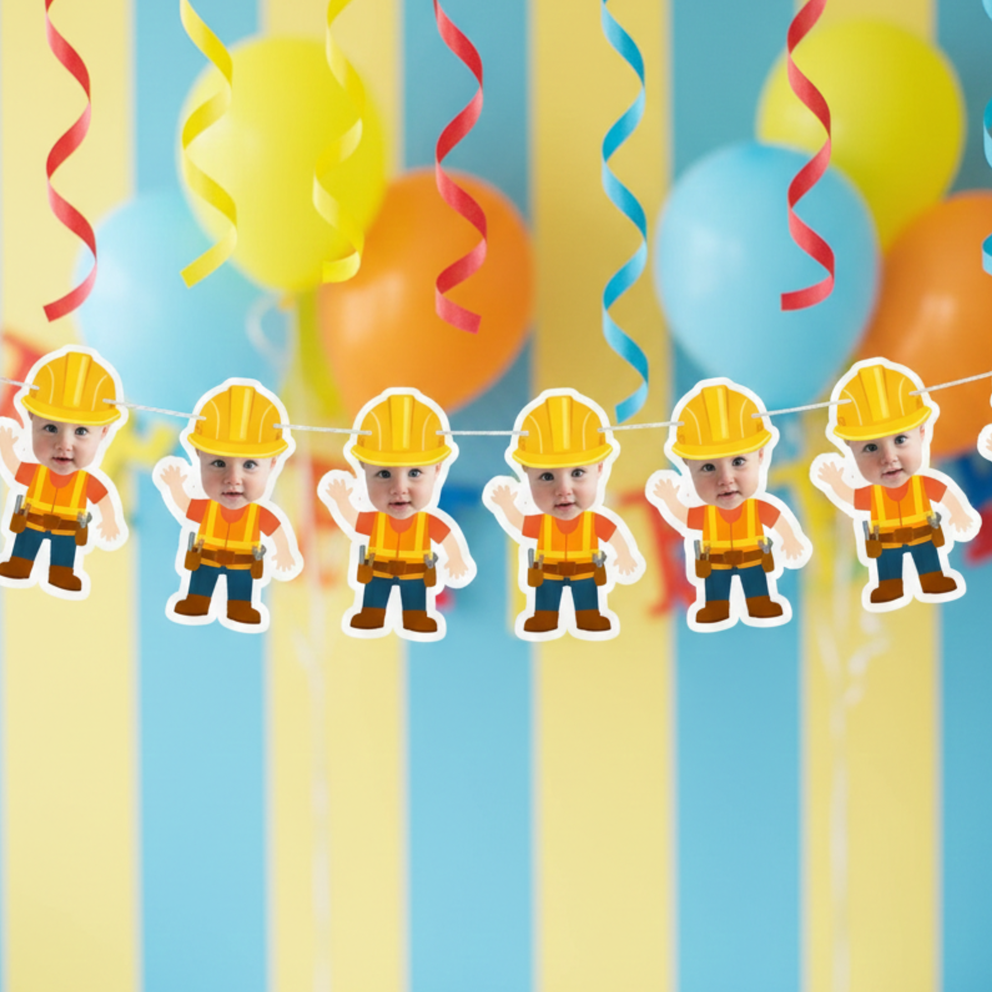 Construction-themed party decorations with cartoon characters in hard hats and safety vests against colorful balloons and streamers.
