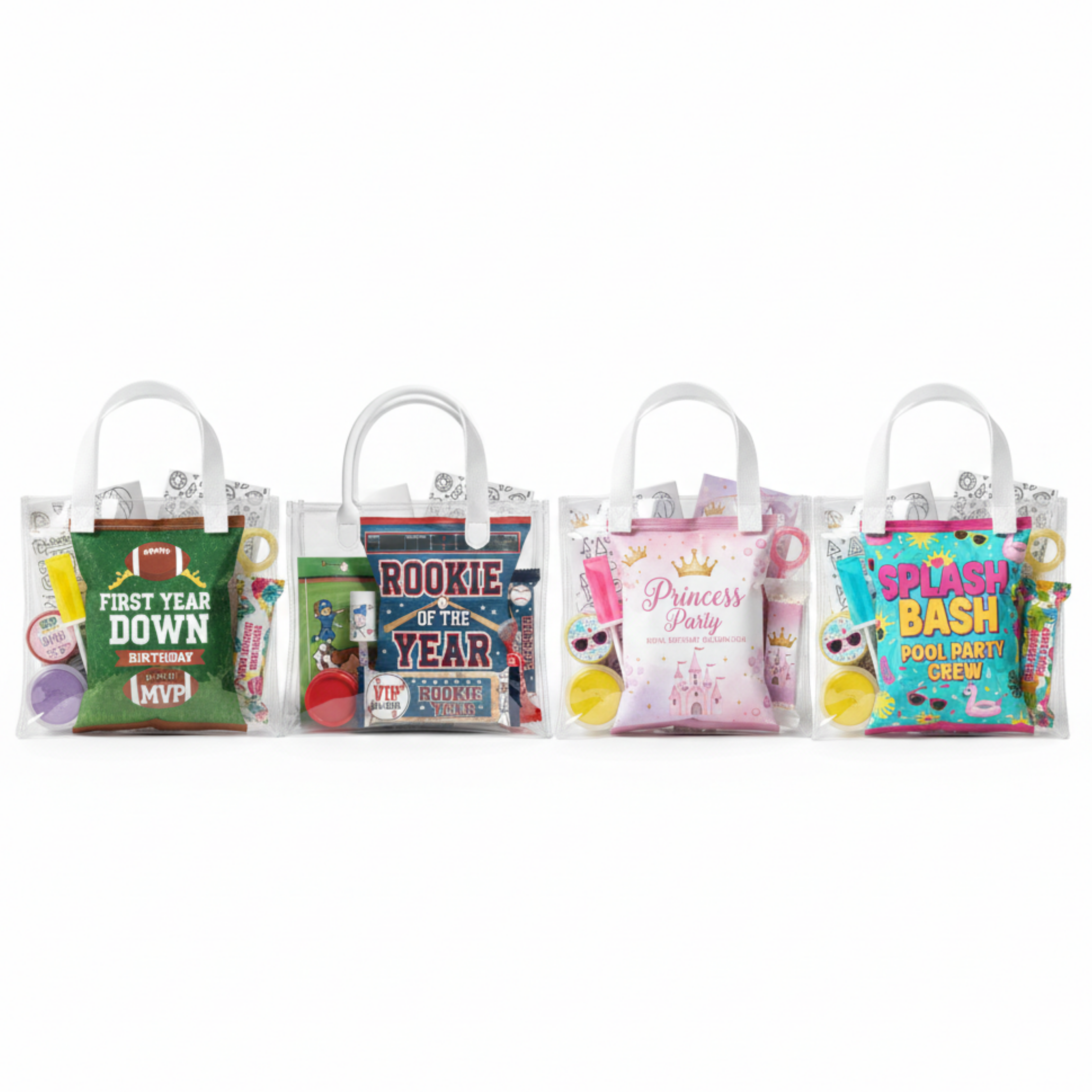 Custom themed clear mini party favor bags displayed side by side including football birthday favors, baseball rookie of the year goodie bags, princess party favor bags, and splash bash pool party treat bags for kids birthday celebrations.