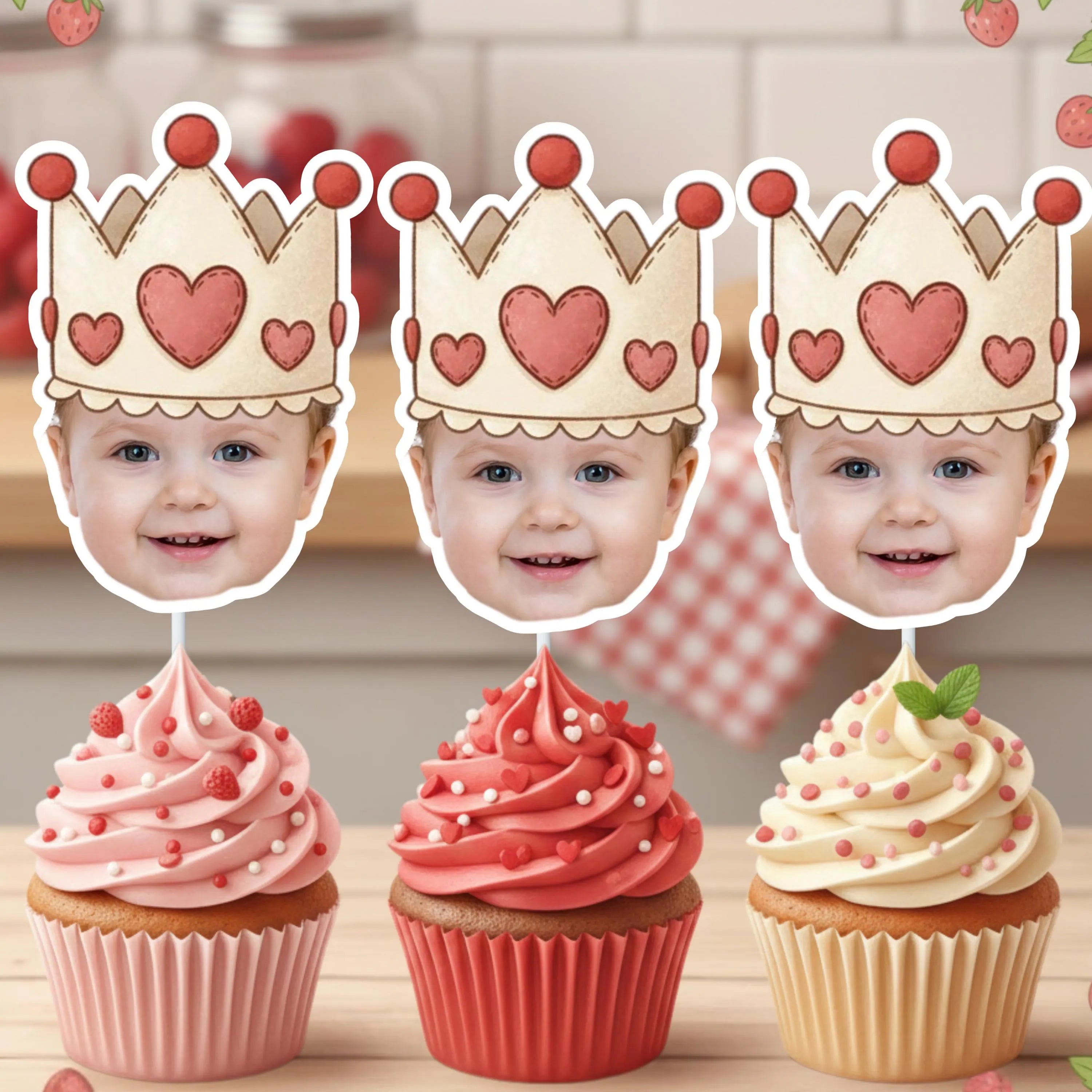 Three cupcakes with pink frosting and heart designs, each topped with a cardboard cutout of a baby wearing a crown.