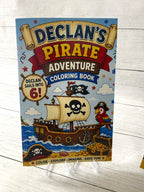Personalized pirate birthday coloring book front cover with pirate ship, parrot, treasure chest, child name and age.