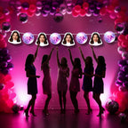 Silhouettes of women dancing under disco ball decorations with a pink and purple color scheme.