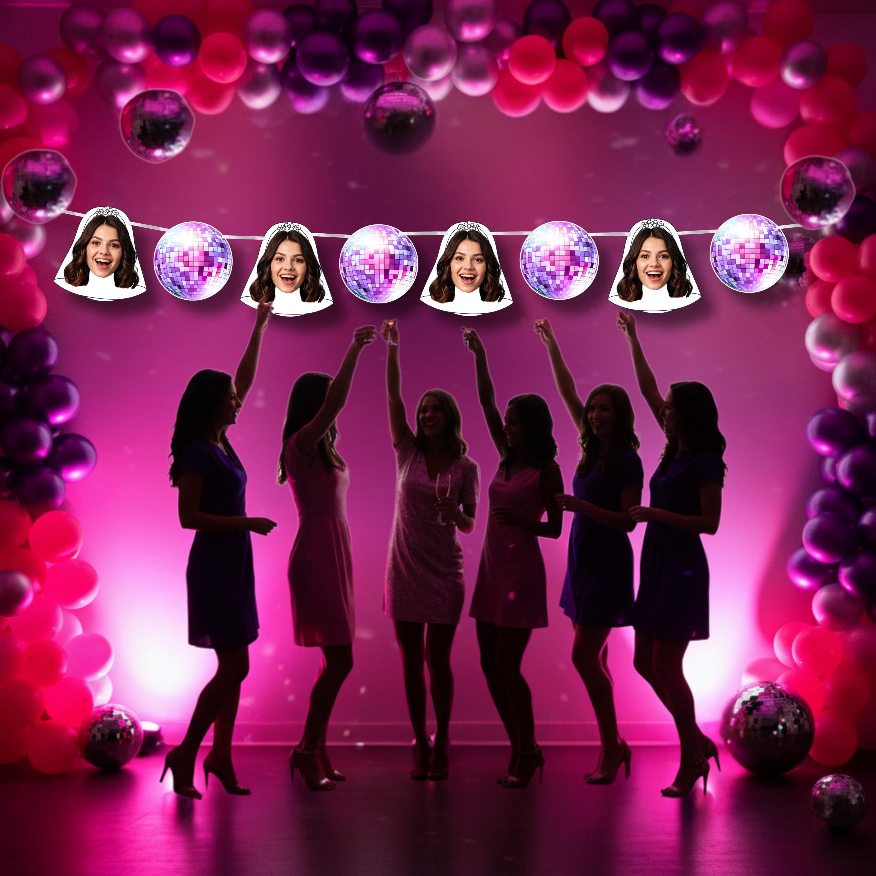 Silhouettes of women dancing under disco ball decorations with a pink and purple color scheme.