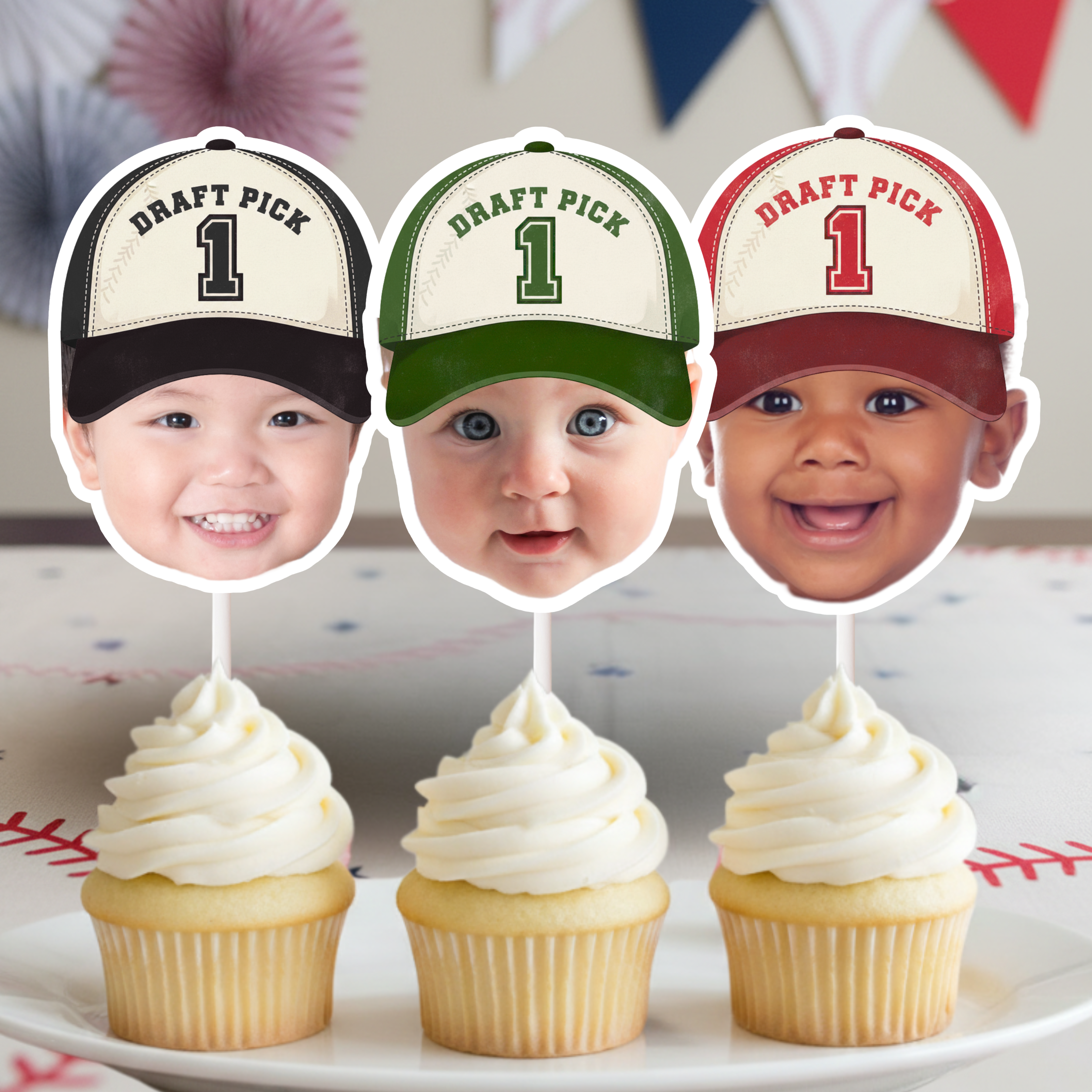 Draft Pick 1 baseball birthday photo cupcake toppers displayed in black, green, and red hat color options, ideal for custom team color sports parties, All Star celebrations, and first birthday themes.