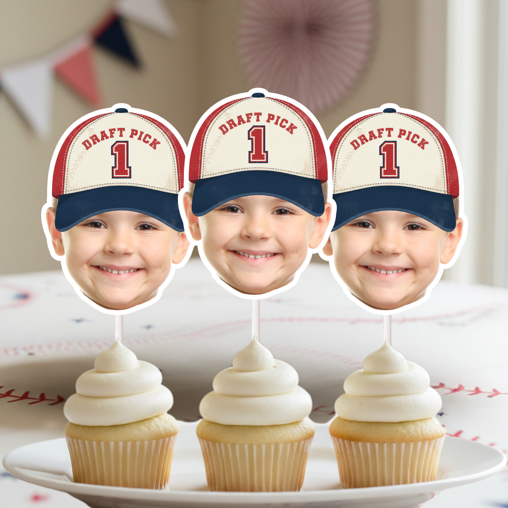 Draft Pick 1 baseball first birthday cupcake topper set featuring personalized photo faces in classic red white and blue cap design, perfect for Rookie of the Year party themes and sports milestone celebrations.