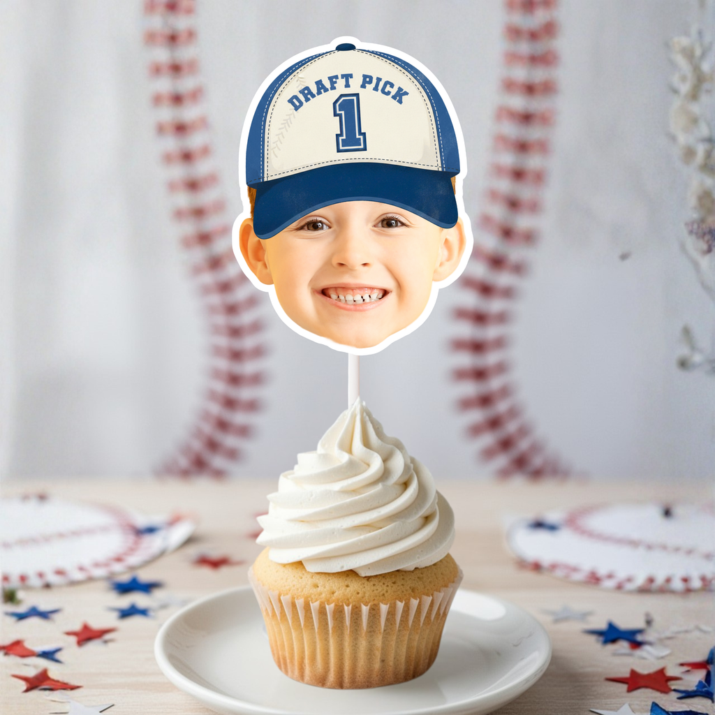 Draft Pick 1 baseball first birthday smash cake topper featuring personalized photo decoration in blue cap style, perfect for Rookie of the Year sports party photos and little slugger milestone celebrations.