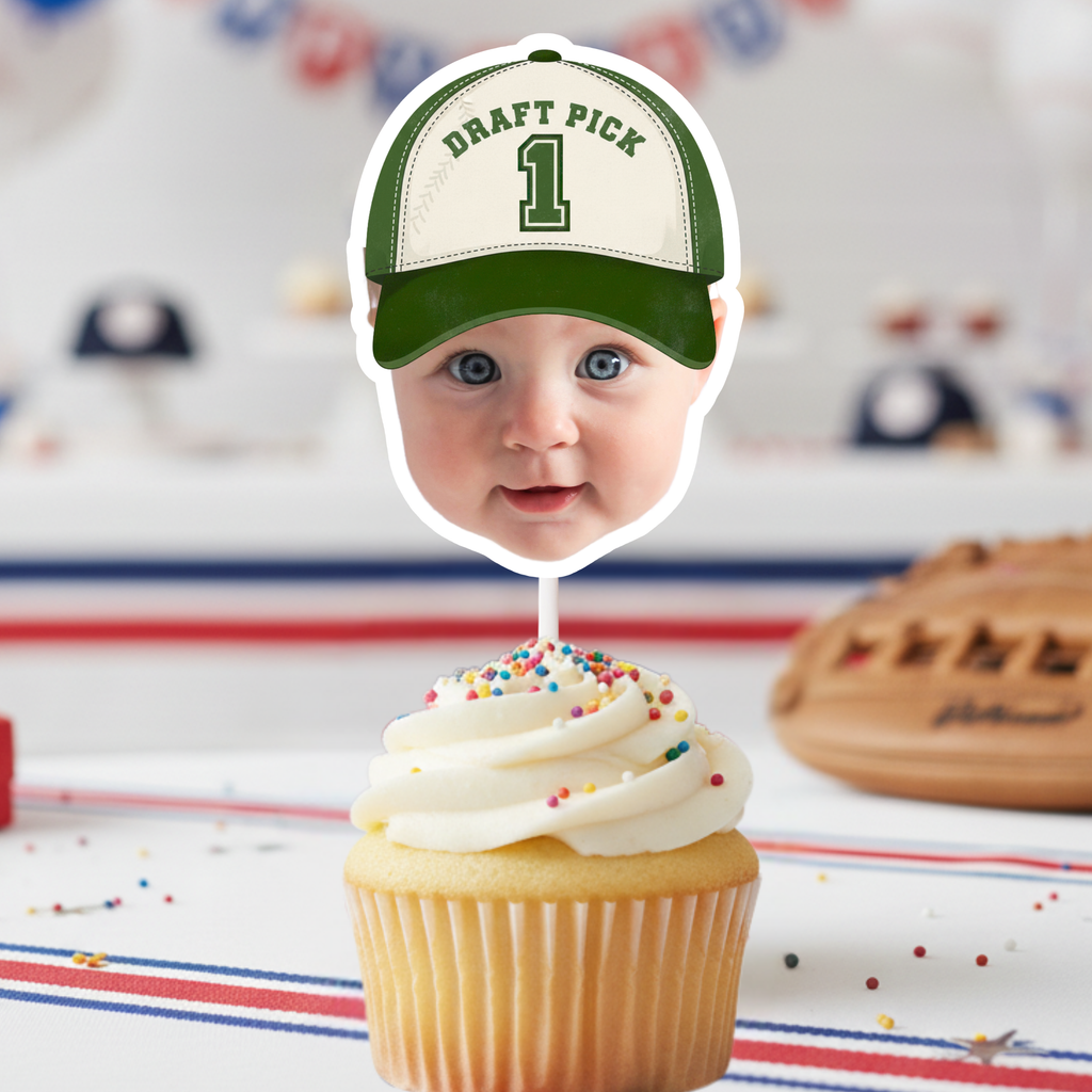 Draft Pick 1 baseball smash cake topper from the Rookie of the Year collection featuring a personalized photo cupcake decoration in green cap style, perfect for MVP first birthday photos and All Star party decor.