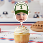 Draft Pick 1 baseball smash cake topper from the Rookie of the Year collection featuring a personalized photo cupcake decoration in green cap style, perfect for MVP first birthday photos and All Star party decor.