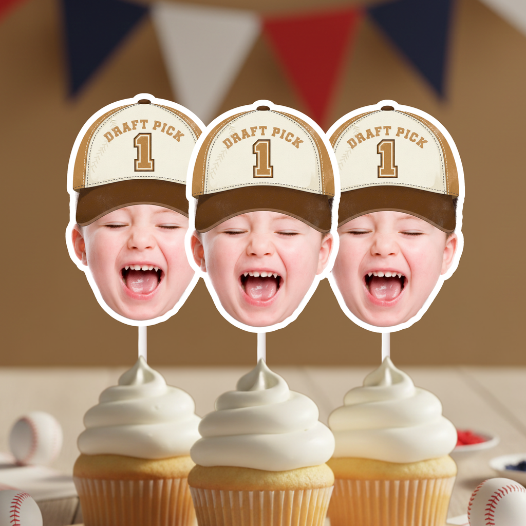 Draft Pick 1 Rookie of the Year baseball cupcake toppers in neutral tan and brown cap style, personalized photo party decorations for MVP first birthdays, sports themed celebrations, and smash cake moments.