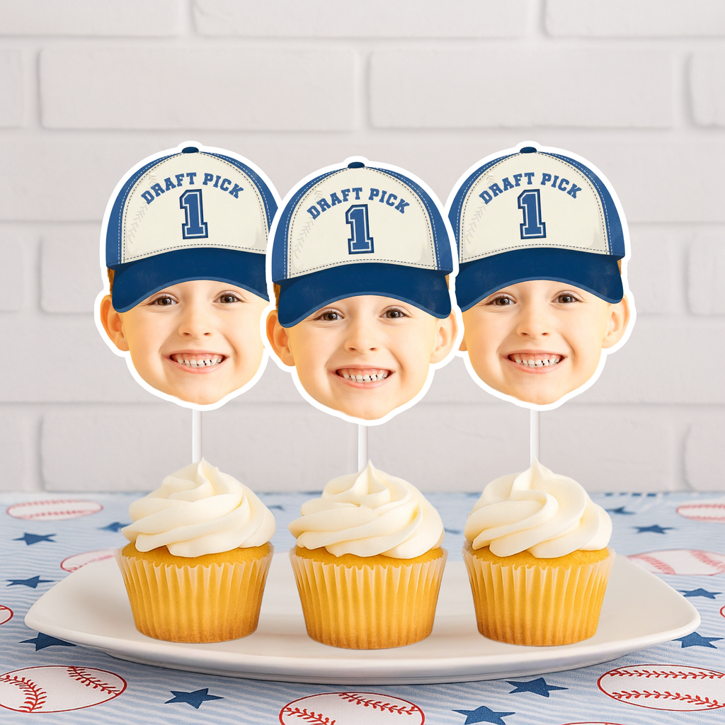 Draft Pick 1 Rookie of the Year cupcake toppers for a baseball first birthday party featuring personalized photo decorations in a blue cap design, perfect for sports themed smash cake and dessert table styling.