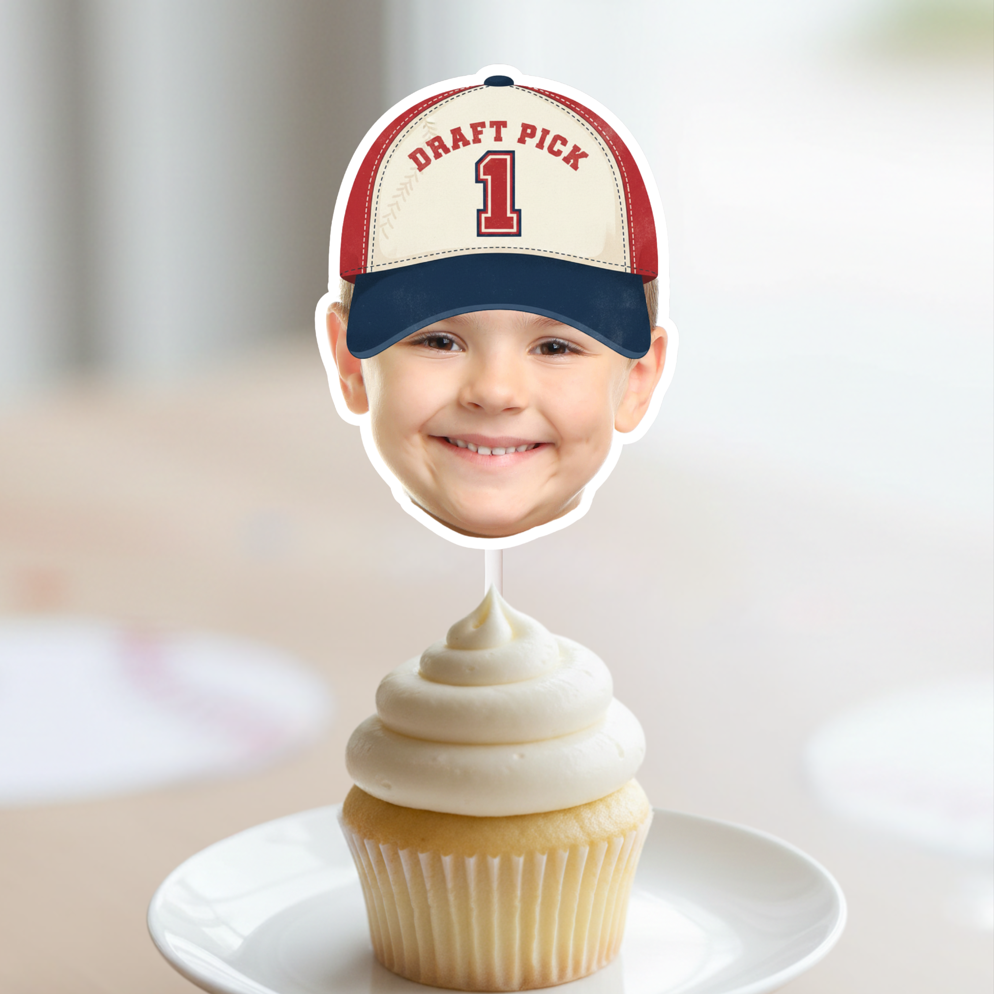 Draft Pick 1 smash cake baseball first birthday topper with custom photo face and red white blue cap design, a standout centerpiece decoration for Rookie of the Year dessert tables and sports baby milestones.