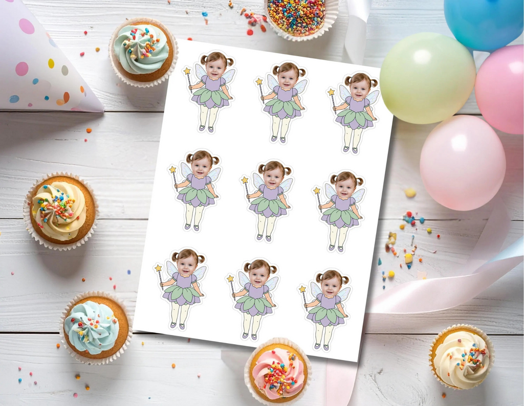 Printable sheet of nine personalized fairy photo cupcake toppers featuring a child’s face on a whimsical fairy with wings, a purple and green flower-petal dress, and a golden star wand