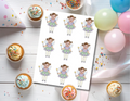 Printable sheet of nine personalized fairy photo cupcake toppers featuring a child’s face on a whimsical fairy with wings, a purple and green flower-petal dress, and a golden star wand