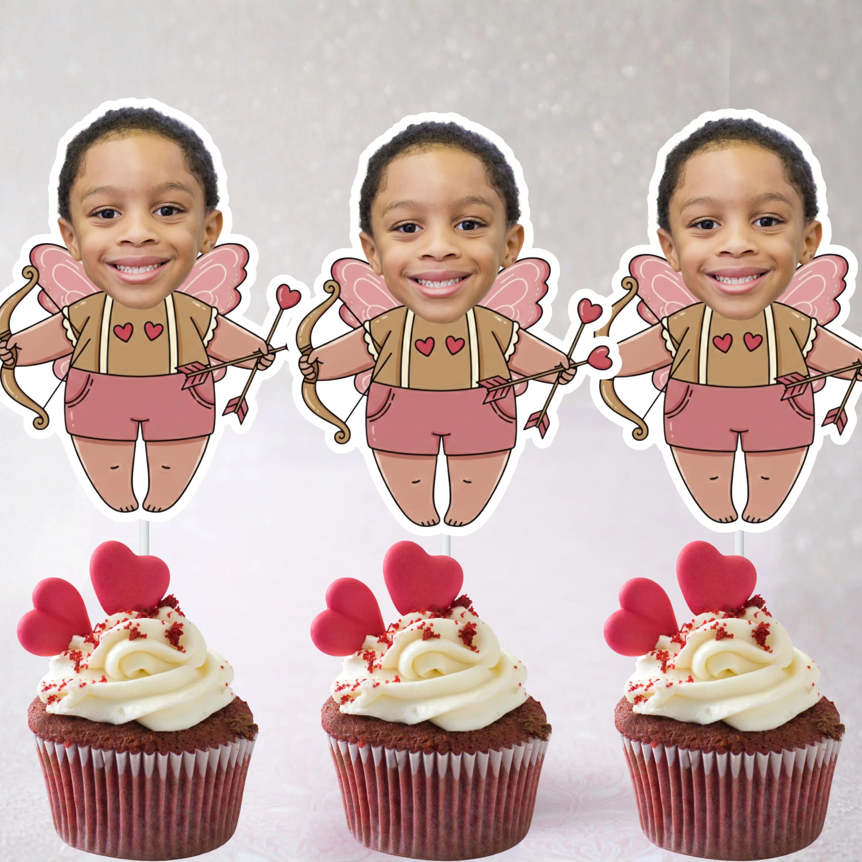 Three identical fairy-themed cupcake toppers with a child's face on a gray background.