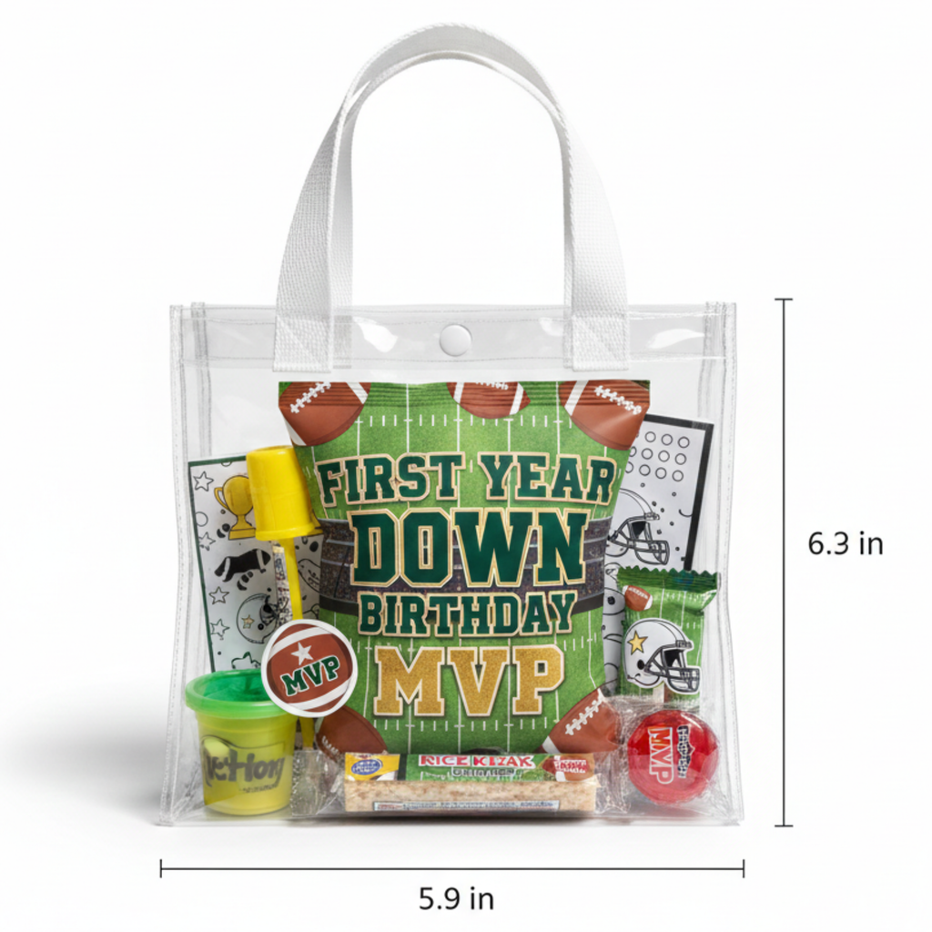 First year down football birthday party favor bag in a tall clear mini favor handbag measuring 6.3 inches by 5.9 inches, featuring personalized sports themed birthday treats for boys party favors.