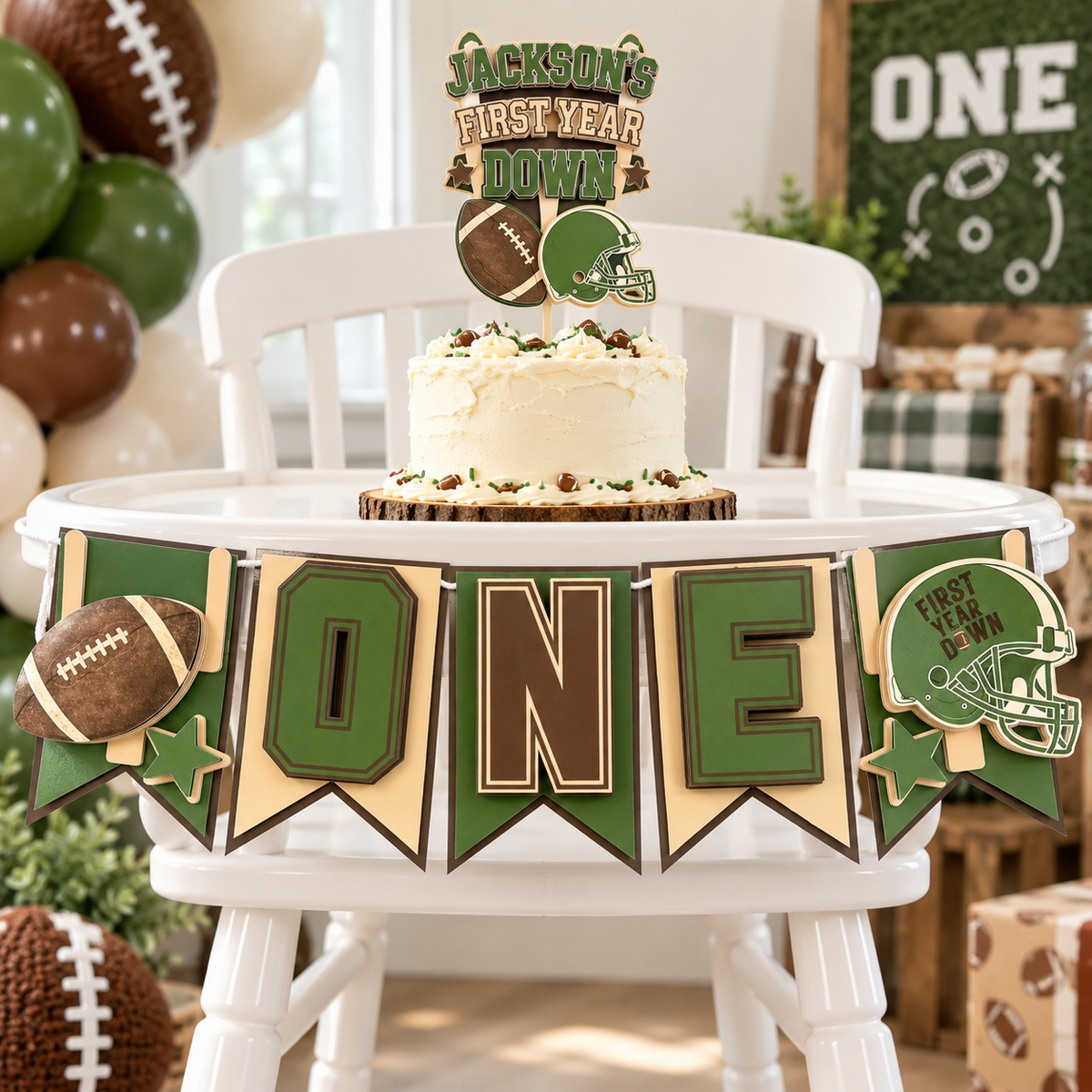 First Year Down highchair banner details showing five layered laminated cardstock panels and braided rope cord