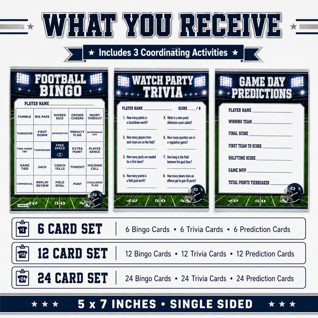 A product information graphic for a football-themed party game set, showing three sample card designs: Football Bingo, Watch Party Trivia, and Game Day Predictions, plus card set quantities from 6 to 24 and dimensions '5 x 7 inches single sided'.