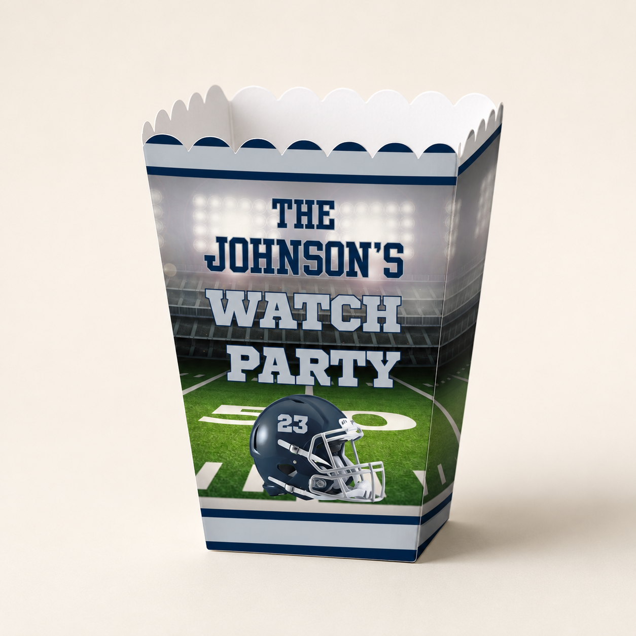 Personalized football popcorn container with custom party name colors and helmet number for a game day celebration