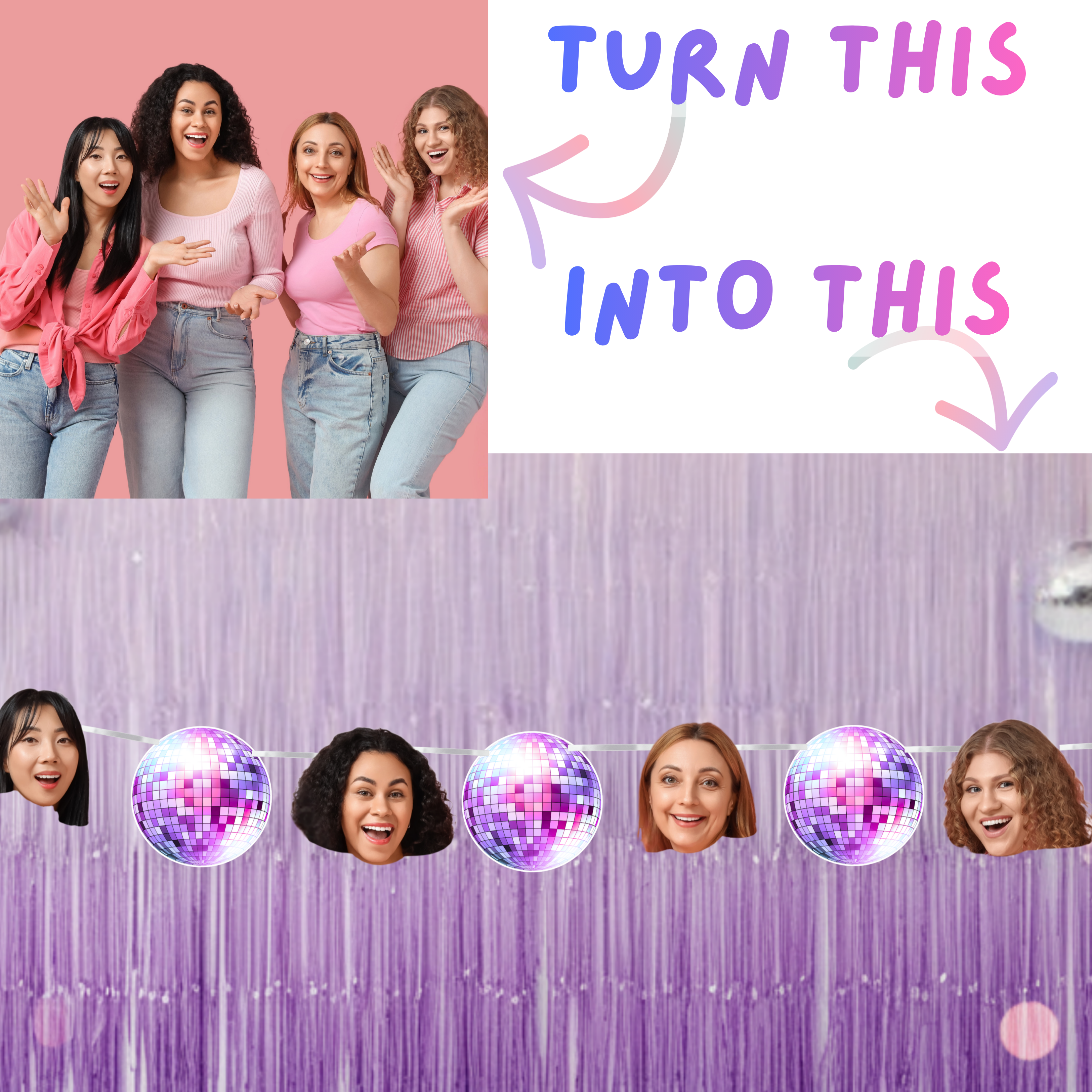 Comparison of a group of women with a pink background and disco ball designs on a purple curtain.