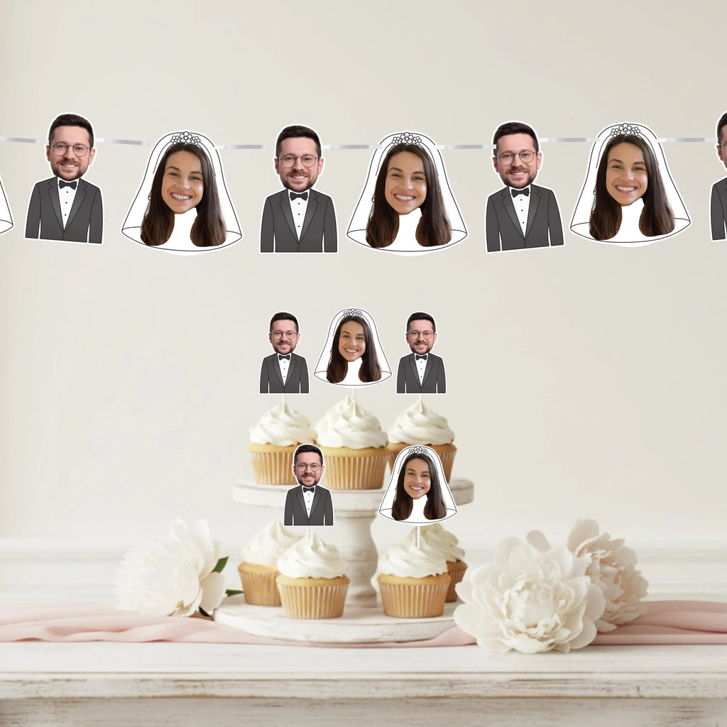 Cupcakes with face cutouts on a stand with decorative flowers on a light background
