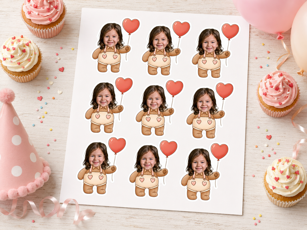Printable sheet of nine personalized girl teddy bear photo cupcake toppers featuring a smiling child in cream overalls with pink hearts and a red heart balloon