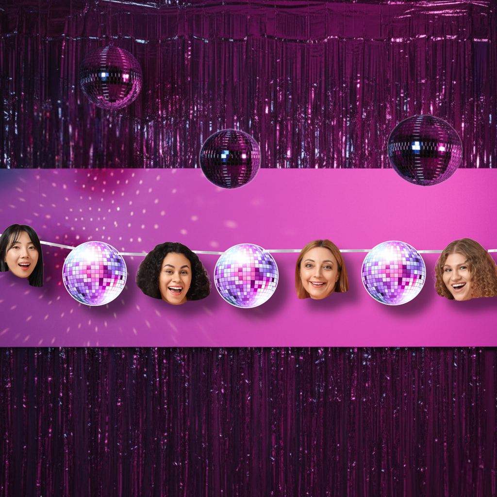 Five disco balls with people's faces behind them against a purple curtain background
