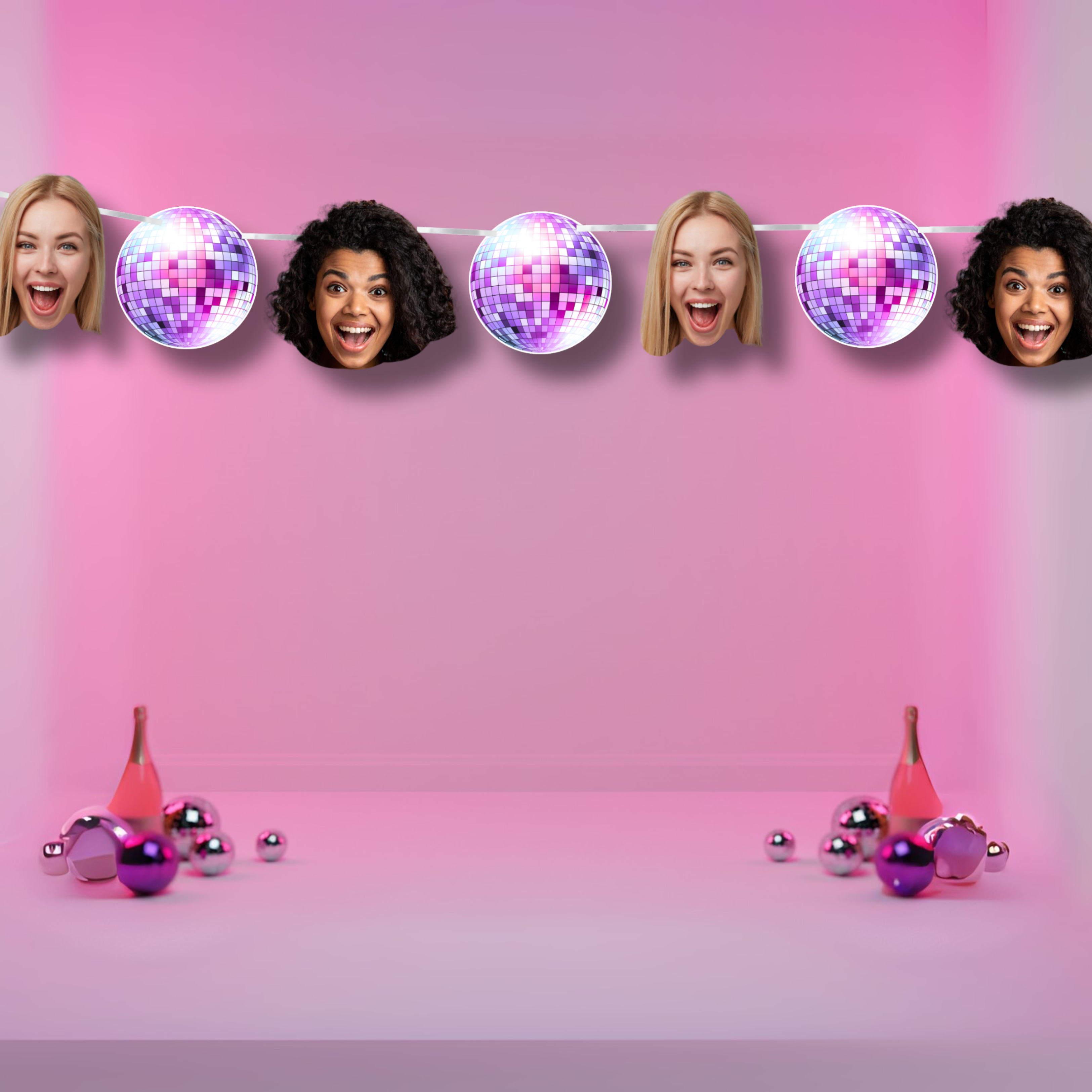 Five disco ball images with people's faces on a pink background