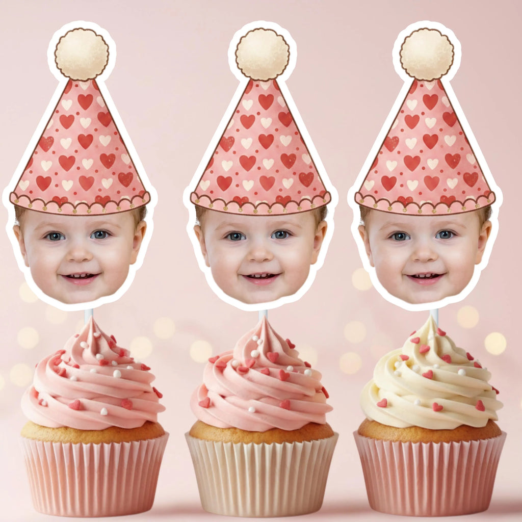 Close up of a high quality laminated custom heart party hat cupcake topper showing vibrant printing, precision cut edges, and sturdy construction. Personalized birthday cupcake decoration designed for Sweet One first birthdays, berry themed toddler parties, and love inspired events.