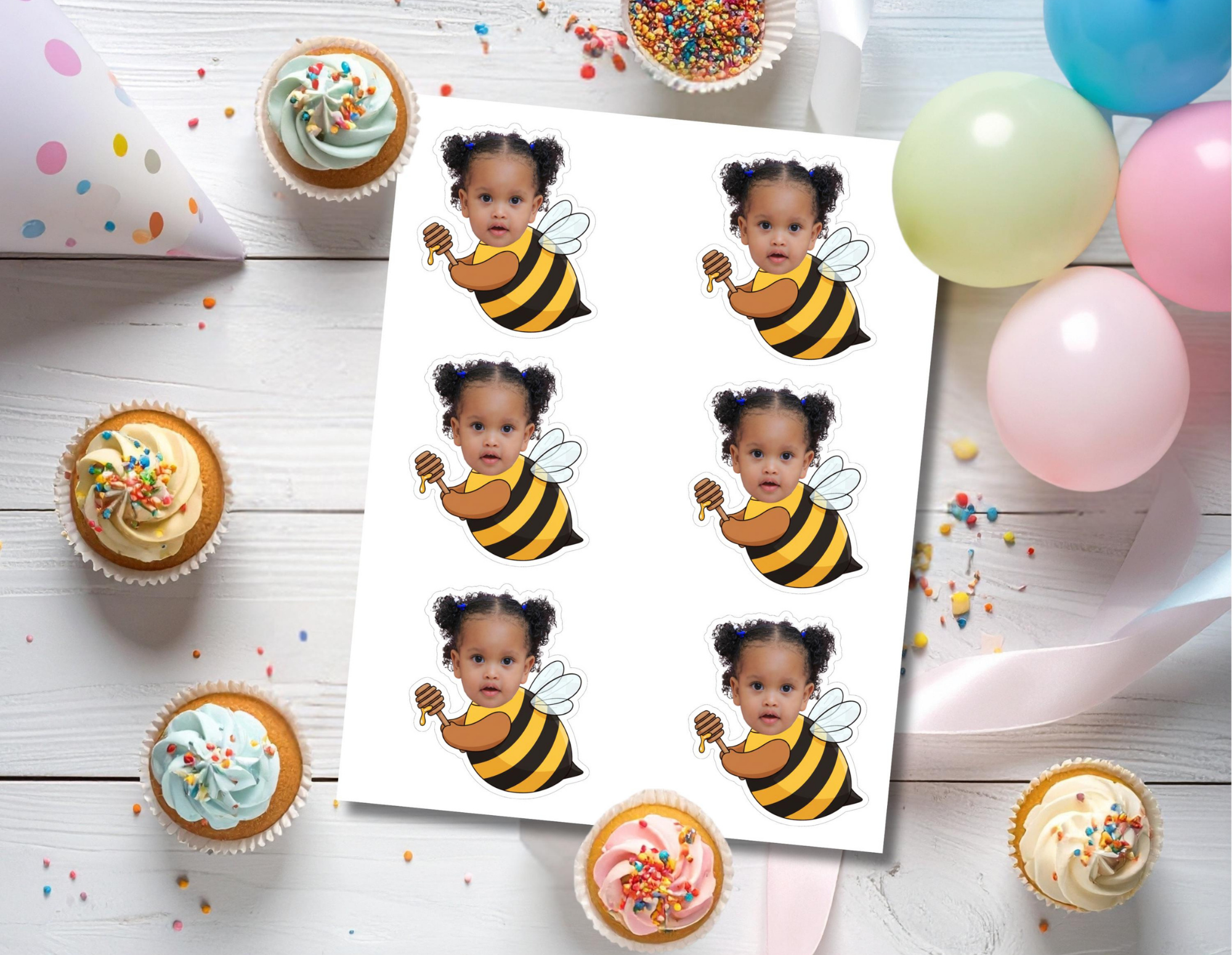 Printable sheet of six personalized honey bee photo cupcake toppers featuring a child’s face on a black-and-yellow flying bee with white wings and a honey dipper