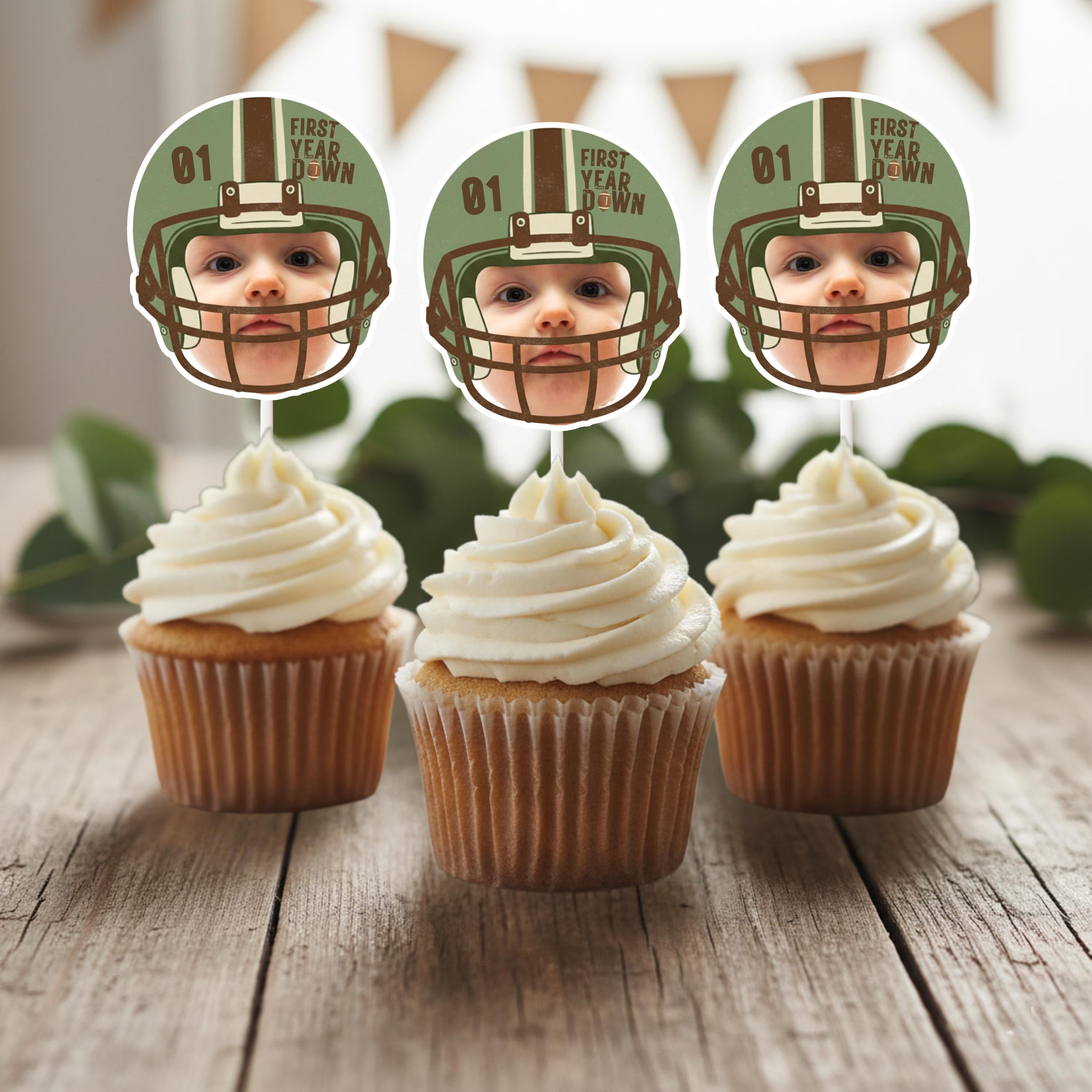 Football 1st Birthday Photo Cupcake Toppers | First Year Down & Rookie of the Year Decor