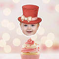 Personalized smash cake cupcake topper featuring a baby wearing a classic red top hat with cream bow against a soft party bokeh background. Ideal for Mr Onederful first birthdays, One derful milestone celebrations, elegant circus themes, and whimsical dessert table styling.