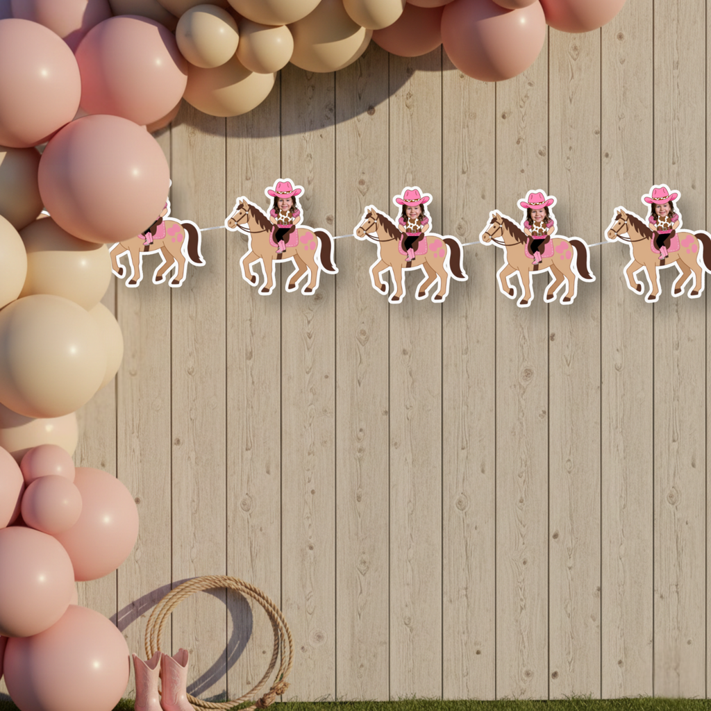 My First Rodeo cowgirl photo banner styled with blush balloon arch, rope, and pink boots for a western birthday party backdrop. A styled pink western birthday display featuring the personalized cowgirl riding horse banner, perfect for dessert tables, balloon arches, and rodeo themed decor.