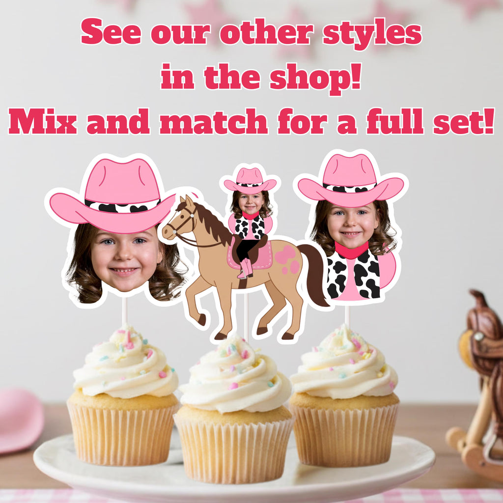 Personalized My First Rodeo cowgirl photo cupcake toppers featuring custom pink cowgirl design for western first birthday dessert table. Custom cowgirl photo cupcake toppers styled for a pink western birthday party, perfect for smash cake tables, rodeo themed celebrations, and little cowgirl first birthdays.