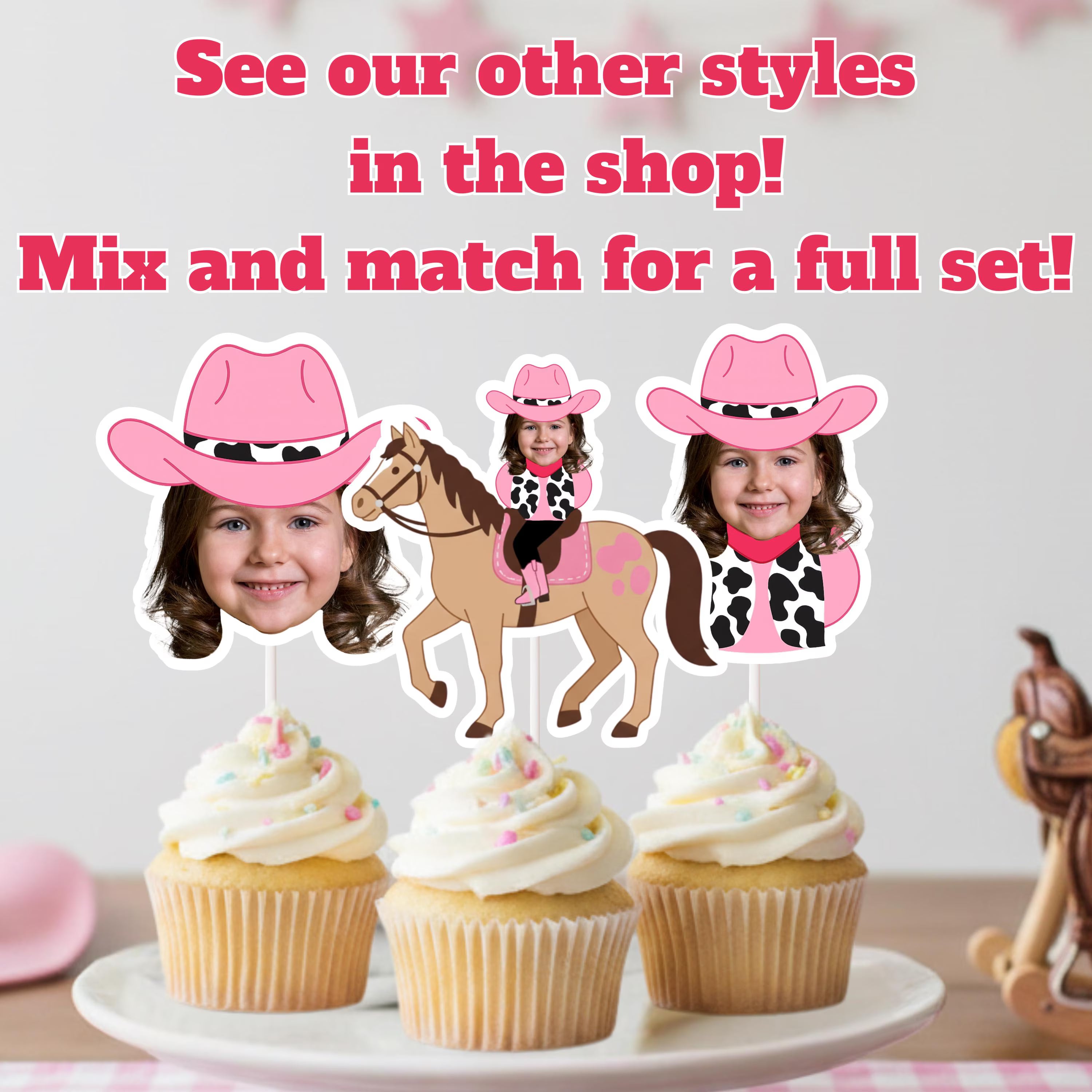 Personalized My First Rodeo cowgirl photo cupcake toppers featuring custom pink cowgirl design for western first birthday dessert table. Custom cowgirl photo cupcake toppers styled for a pink western birthday party, perfect for smash cake tables, rodeo themed celebrations, and little cowgirl first birthdays.