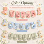Color options for the personalized One Silly Goose birthday banner shown in pink gingham, blue gingham, and sage green gingham.