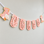 Angled view of the pink gingham One Silly Goose birthday banner personalized with Chloe, showing layered lettering and daisy accents.