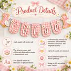 Product details for the personalized One Silly Goose birthday banner including 8 inch panels, layered letters and daisies, laminated finish, and white satin ribbon.