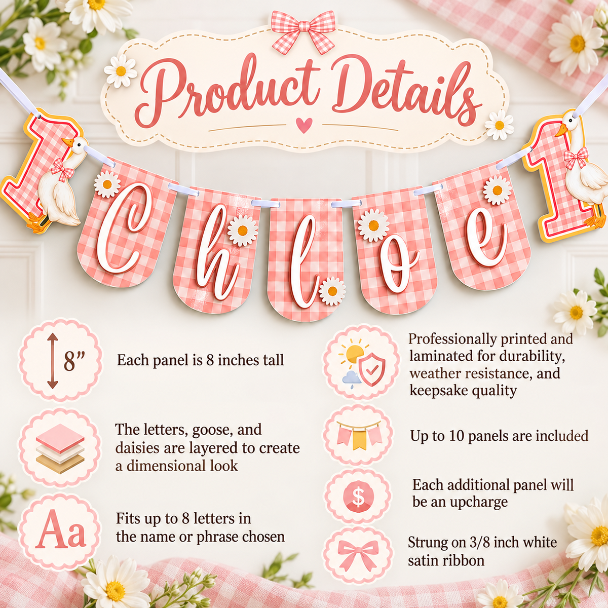 Product details for the personalized One Silly Goose birthday banner including 8 inch panels, layered letters and daisies, laminated finish, and white satin ribbon.