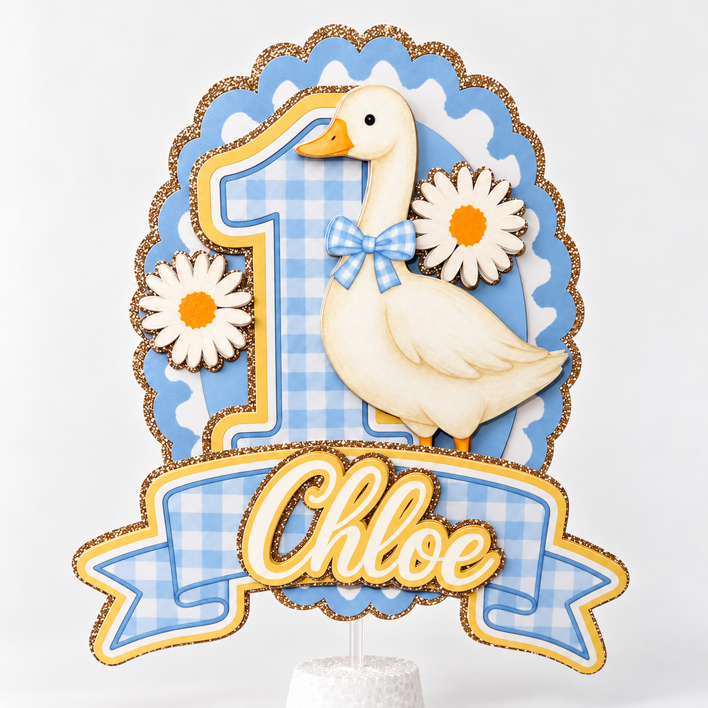 Personalized One Silly Goose birthday cake topper in blue gingham with custom name and age, white goose, daisies and champagne gold glitter accents