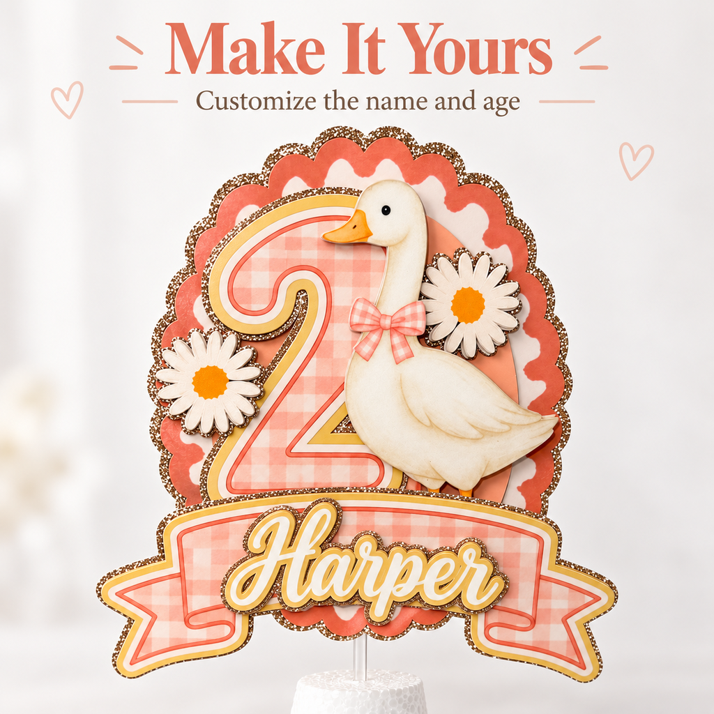 Personalized One Silly Goose birthday cake topper with custom name and age, pink gingham goose, daisies and champagne gold glitter accents