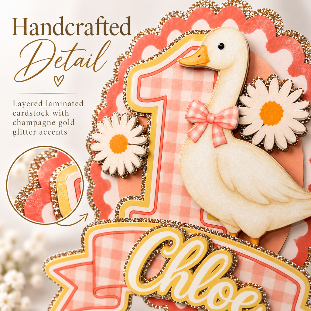Closeup handcrafted detail of layered laminated One Silly Goose cake topper with pink gingham, daisies and champagne gold glitter cardstock accents