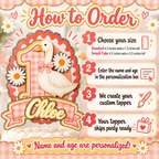 How to order personalized One Silly Goose cake topper showing standard and smash cake sizes, custom name and age, and party ready assembly