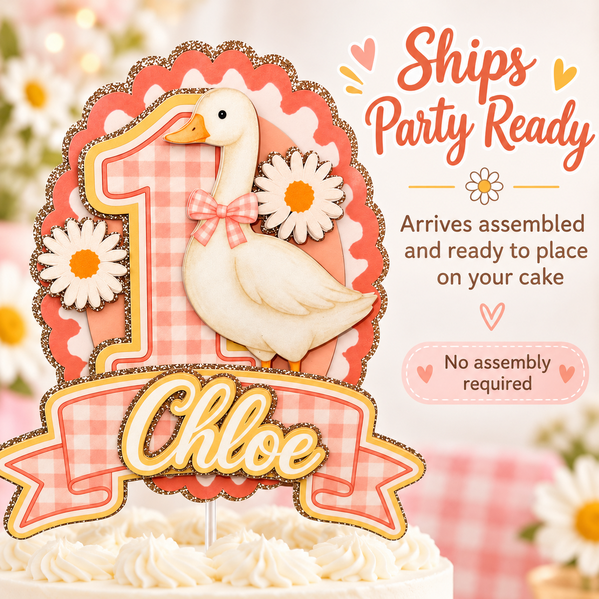 Personalized One Silly Goose cake topper shown assembled and ready to place on a birthday cake with no assembly required